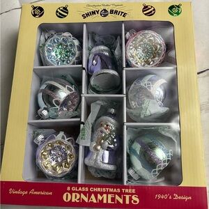 Christopher Radko Shiny Brite Box 8 Retro Christmas Ornaments Purple Pink Indent